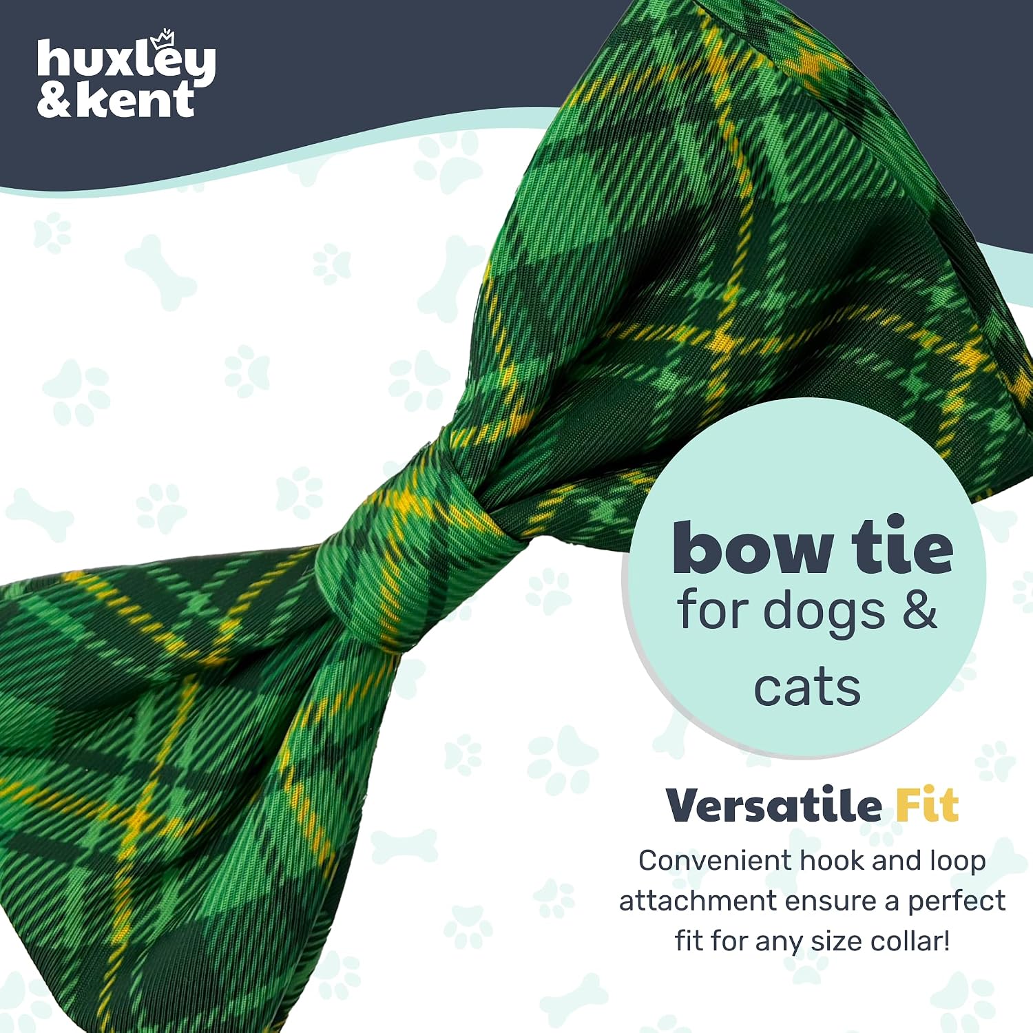 Huxley & Kent Pet Bow Tie for Dogs & Cats, Irish Plaid, Small/Medium | Hook & Loop Attaches to Any Collar, Soft Polyester, Lightweight & Machine Washable, Perfect for Holidays & Photos