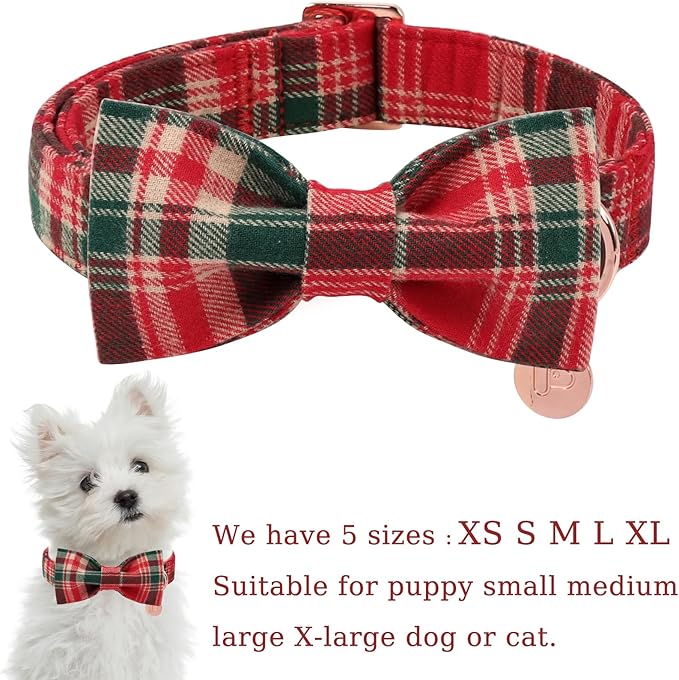 Christmas Plaid Dog Collar with Bow Tie– Adjustable Red & Green Checkered Dog Collar for Small Medium Large Dogs, Soft Xmas Plaid Puppy Collars with Quick Release Buckle S