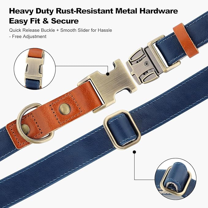 Plutus Pet Genuine Leather & Hemp Dog Collar – Adjustable Heavy Duty Pet Collar with Quick Release Metal Buckle, Soft & Stylish for Puppy and Small, Medium, Large Dogs (Royal Blue, L)