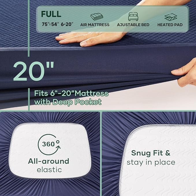 OhGeni 100% Waterproof Mattress Protector, Full-Navy Blue Size Mattress Pad, Fits 6"-20" Mattresses with Deep Pocket, Cooling, Breathable Fitted Sheets, Soft Bed Cover, Noiseless, Machine Washable