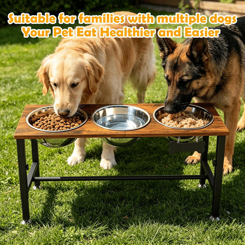 XXLarge Wooden Elevated Dog Bowl Stand – 4 Adjustable Heights (11.8"-17.7"), Wooden & Metal with 3 Stainless Steel Bowls & Splash Pad for Large & Extra Large Breeds