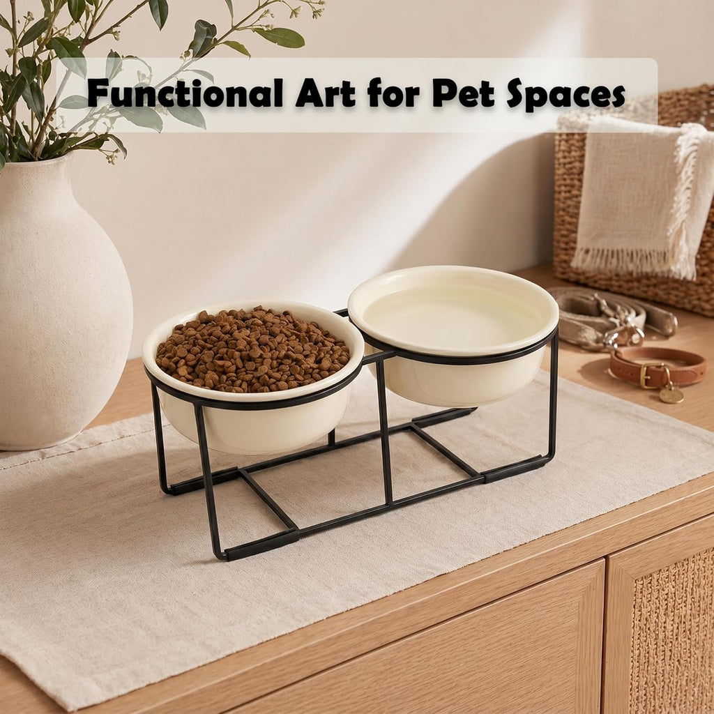 Elevated Ceramic Dog Bowl Set - Double Dishes with Non-Slip Iron Stand - Raised Feeding Station for Food & Water - Ideal for Small and Medium Dogs - 2 × 720ml Capacity - Beige - 15 cm Height