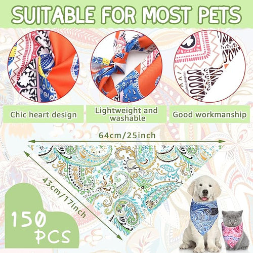 150 Pcs Paisley Dog Bandanas Bulk Pet Bibs Colorful Triangle Scarf Pet Paisley Bandanas for Medium Large Dogs Spring Summer Birthday Costume Decoration
