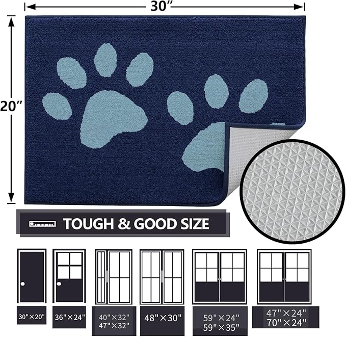 Buganda Dog Door Mat for Muddy Paws, Absorbent Dirt Trapper Washable Indoor Doormats, Non Slip Low-Profile Mud Mat for Dogs, Front Entrance Doormat for Inside Floor (59x24 Inches, Dark Blue)