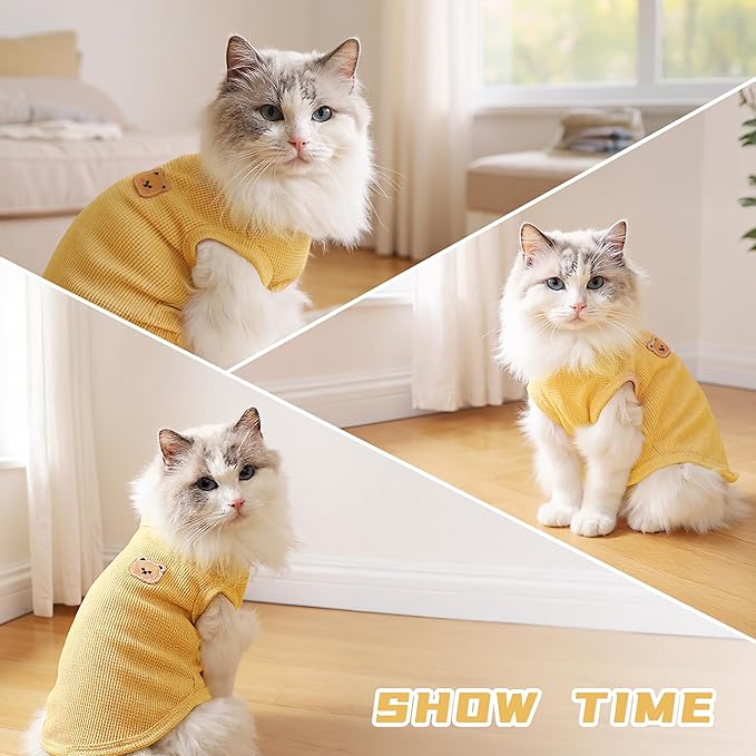 Waffle Knit Cat & Dog T Shirt for Small Dogs, Stretchable Puppy Shirt for Sphynx Cats & Small Breeds, Pet Clothes | Breathable Summer/Winter Apparel for Newborn(3PCS Medium)