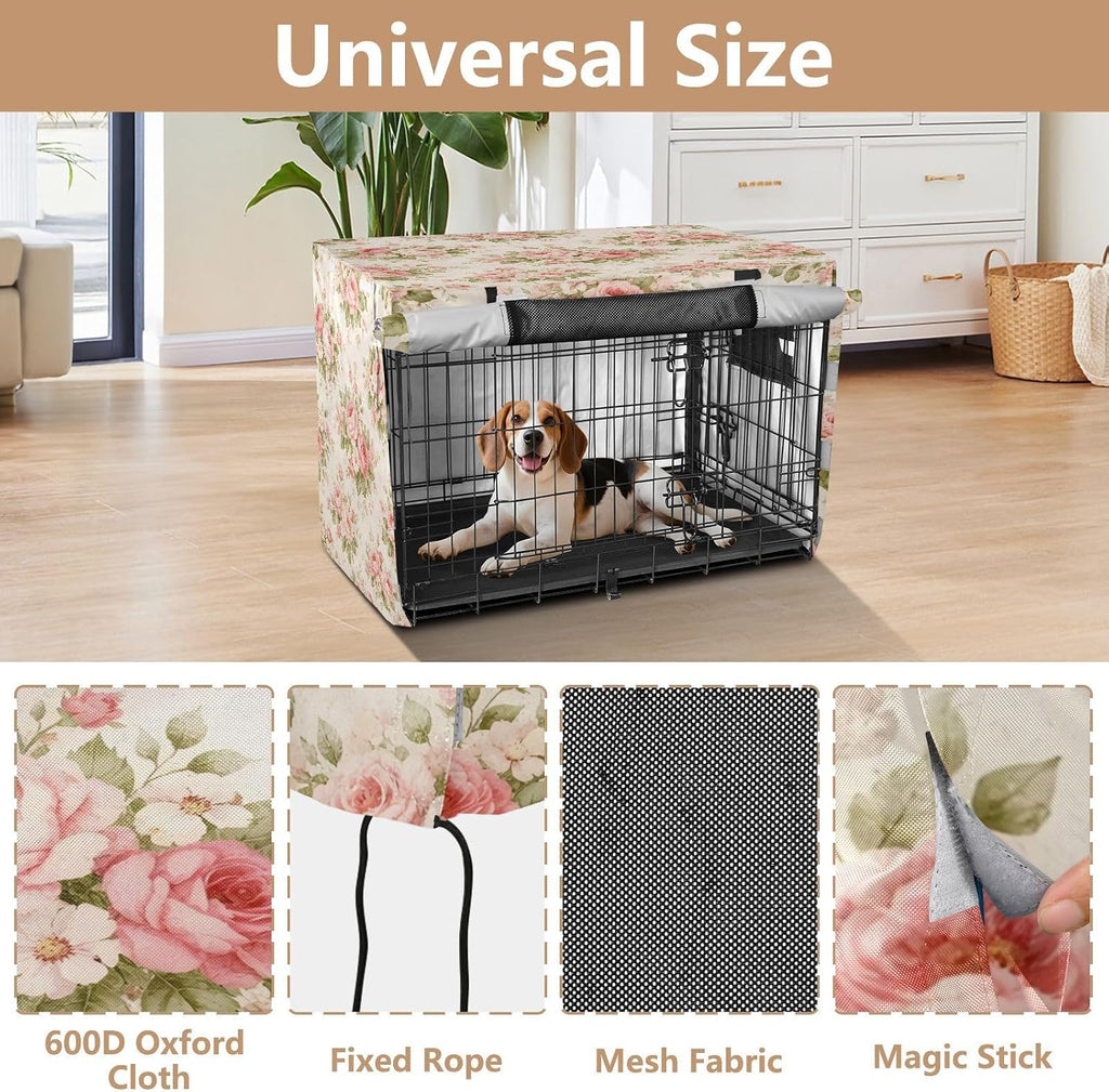 Shabby Chic Flowers Dog Crate Cover 600D Oxford Heavy Duty Kennel Cover Mesh Window Soundproof Waterproof Sunshade Universal Fit for 48 inches Wire Cage
