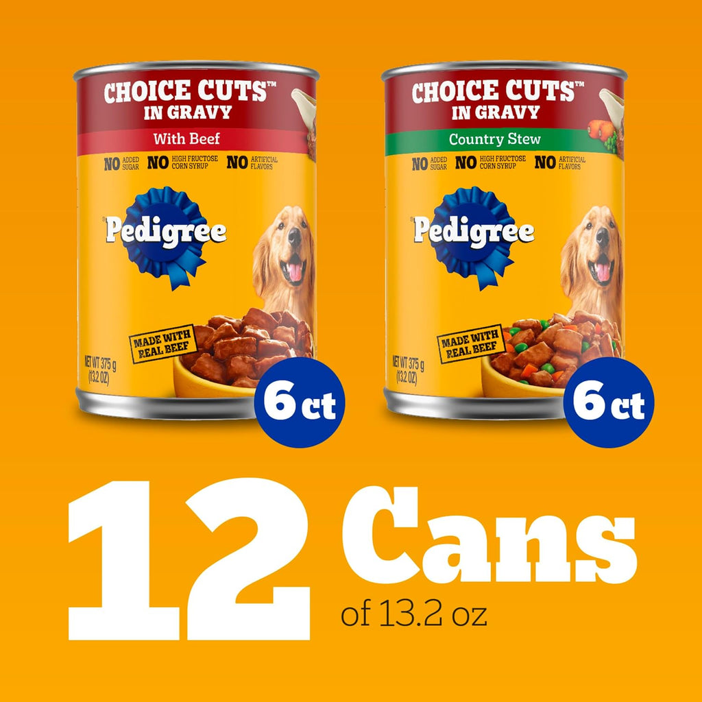 Pedigree Choice Cuts Wet Dog Food, Beef & Country Stew, 13.2 oz, 12 Count | Beef & Country Stew flavors, 100% complete & balanced, supports lean muscles, 50%+ water for hydration, made with real beef