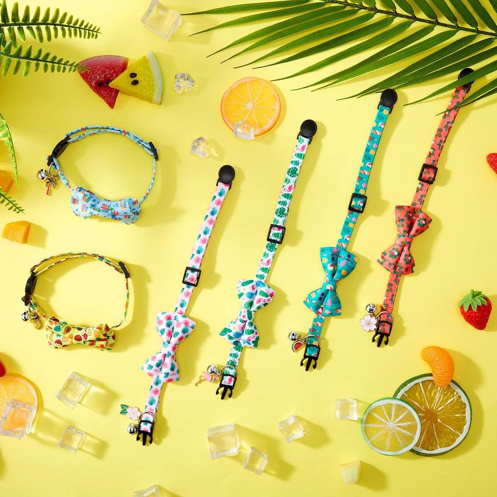 Hsei 6 Pcs Summer Hawaii Cat Collars Bulk with Bow Tie Bell Kitten Adjustable Breakaway Bowtie Collar for Boy Girl Cats Small Dog Pet Party Tropical Luna Aloha Party Favors Decoration