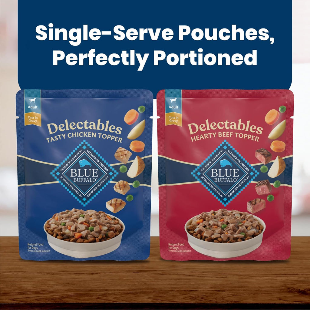 Blue Buffalo Delectables Variety Pack Dog Food Topper, 3 oz, 12 ct | Grain-Free, Chicken & Beef Recipes, Real Meat Cuts in Gravy, Single-Serve Pouches