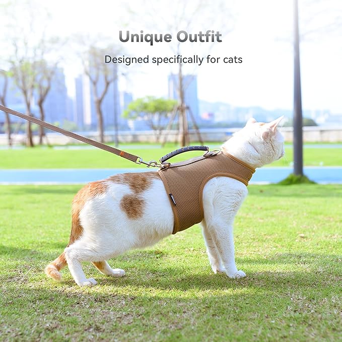 Cat Harness and Leash for Walking Escape Proof Breathable Mesh Fabric, Solid Brown, Extra Large, Adjustable Cat Walking Jackets with Handle, Padded Stylish Cat Vest
