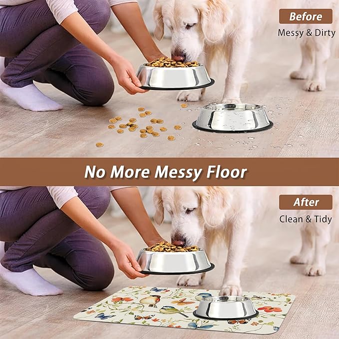 Butterfly Bird Dog Food Mat for Floors,Vintage Nature Absorbent Pet Food and Water Bowl Mats,Non-Slip Pet Feeding Mat,Pet Supplies 12" x 20"