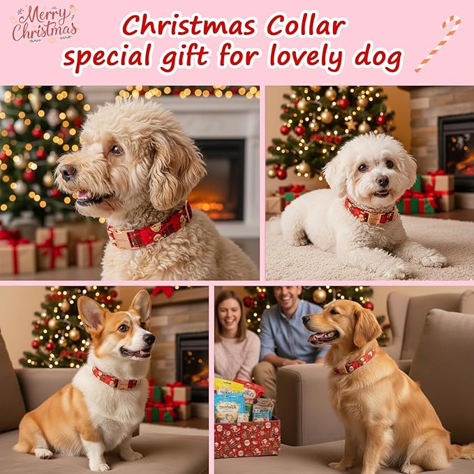 Christmas Dog Collar，Soft Cotton Dog Collars for Small Dogs, Dog Christmas Collar with Santa for Small Medium Large Dogs, Adjustable Red Collars Perfect for Girl or Boy Dog Collars-S