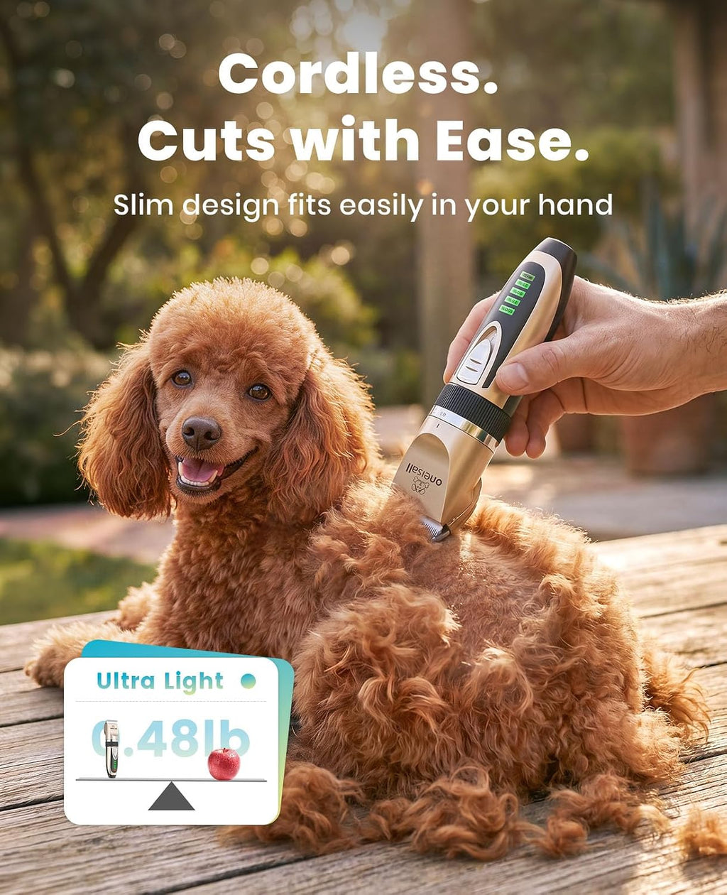 oneisall Dog Grooming Clippers with LED Display for Dogs & Cats | Low Noise Quiet,2-Speed,Cordless Rechargeable,Fast Charge,Detachable,Waterproof,Battery Level Display, Model X2,Gold
