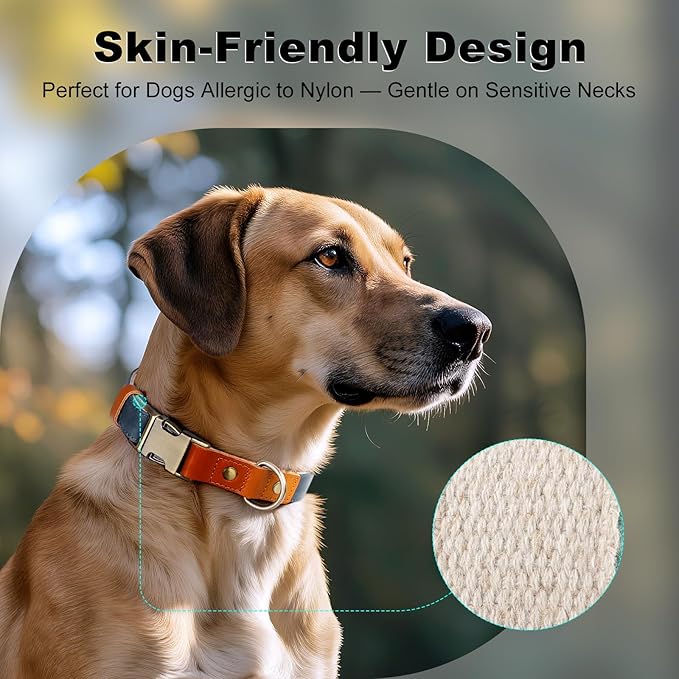 Plutus Pet Genuine Leather & Hemp Dog Collar – Adjustable Heavy Duty Pet Collar with Quick Release Metal Buckle, Soft & Stylish for Puppy and Small, Medium, Large Dogs (Blue, L)