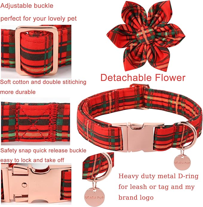 Christmas Dog Collar with Flower, Cotton Christmas Plaid Collar for Medium Girl Boy Dog,Red &Green Plaid Dog Collar Bowtie with Durable Metal Buckle,Adorable Pet Collar,S,Neck 10-16in