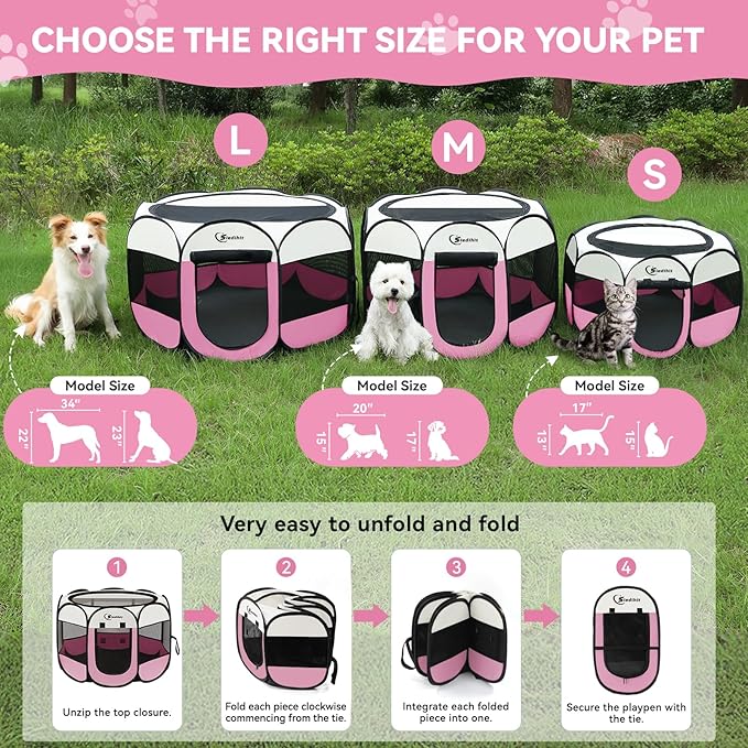 Pink Dog Cat Playpen, Puppy Pet Playpen Indoor for Small Dog Crate Tent Cage Outdoor, Portable Pop Up Dogs Enclosure Kennel with Carrying Case for Dogs/Cats/Rabbits
