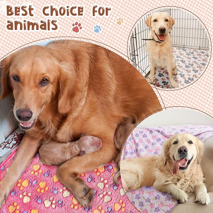 Tatuo 4 Pcs Dog Blanket for Pet Cat Blankets Indoor Puppy Teething Stuff Toys Paw Print Fleece Soft Blanket Sleep Mat for Guinea Pig Cage(White, Coffee, Pink, Purple,XX-Large(40 x 63 Inch),Square)