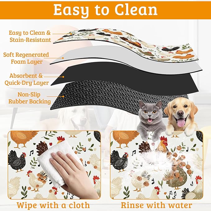 Dog Bowl Mat,Chickens Roosters Pet Feeding Mat for Floors Waterproof,Plants Leaf Absorbent Dogs Placemat for Food and Water Quick Dry Pet Cat Feeding Mats with Non Slip Bottom 12" x 20"