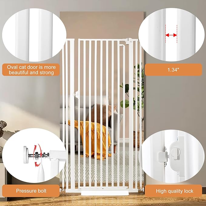 71“ Extra Tall Cat Gate for Doorway: 33.4-37.4” Wide Pet Gate, Auto Close/One Handed Open, 1.34” Extra Small Gap, No Drill Pressure Mount Tall Cat Gate for Interior Stairs/Kitchens/Hallways (White)
