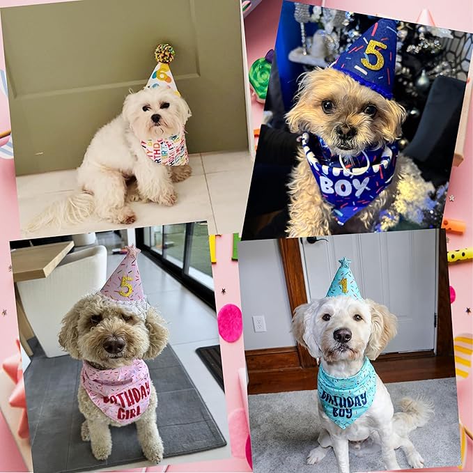 Dog Birthday Bandana Set, Light Blue Birthday Boy Decorations, HBD Party Supplies with Hat Bandana Numbers for Pets (Light Blue)