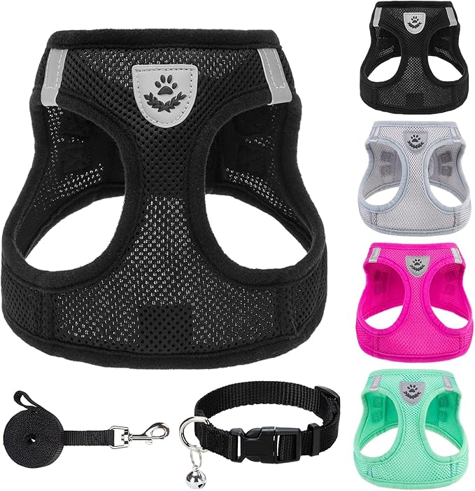 PUPTECK Adjustable Dog Harness Collar and Leash Set Step in No Pull Pet Harness for Small Medium Dogs Puppy and Cats Outdoor Walking Running, Soft Mesh Padded Reflective Vest Harnesses, Solid Black L