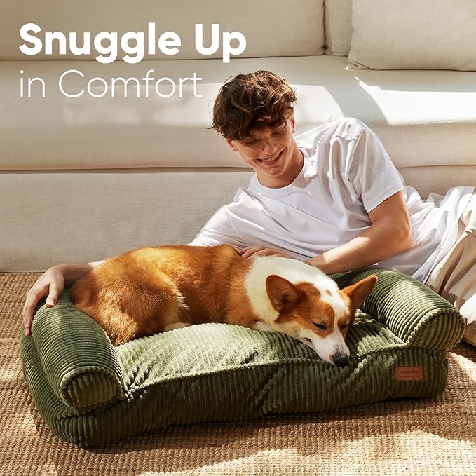 FUKUMARU Cute Dog Bed, Waterproof Corduroy Dogs Couch, 36in Orthopedic Pet Sofa for Medium to Large Dogs Dog, Warm Cotton Pet Bed with Washable Cover, Green