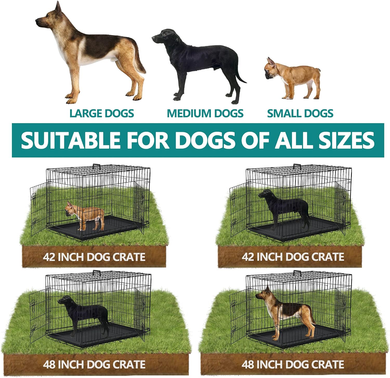 48 42 Inch Large Dog Crate Kennel Metal Wire Indoor/Outdoor Double-Door Folding Dog Cage for Large Medium Puppy Dog Pet Crate with Plastic Tray and Handle