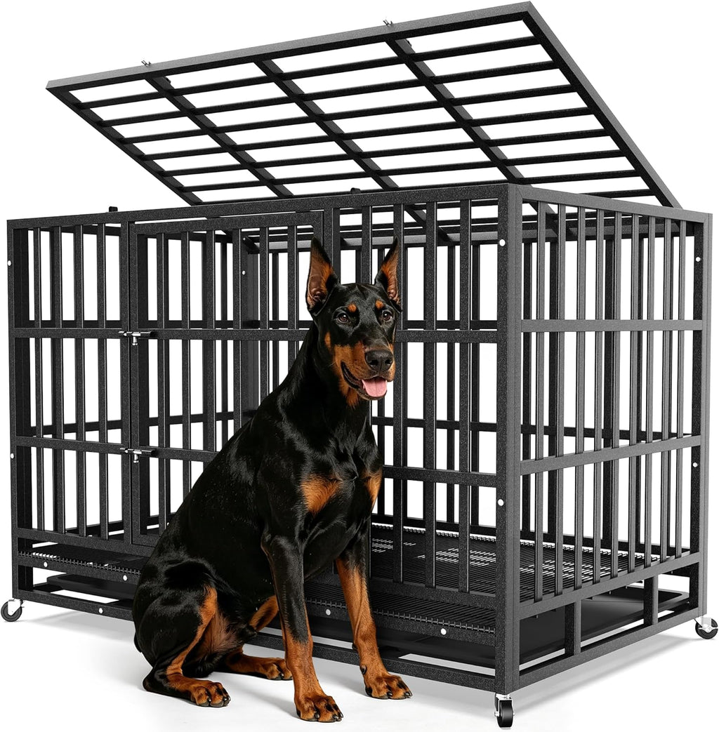 Heavy Duty Dog Crate 48 Inch, Indestructible Kennel for Large Dogs | 38-60" for Small to XX-Large Dogs | Escape Proof Latch | Removable Tray | Chew-Proof Steel | Lockable Wheels | Easy-Clean