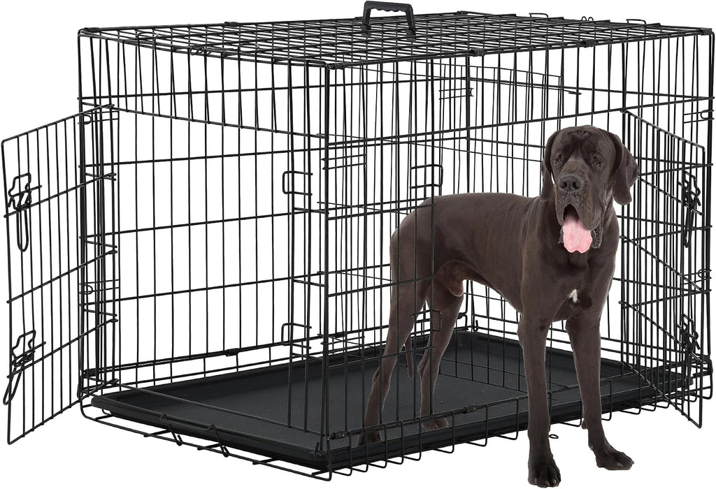 48 Inch Extra Large Dog Crates for Medium Dogs Double-Door Folding XXL Dog Crates for Large Dogs Indoor/Outdoor Dog Cages for Large Dogs Metal Wire Dog Kennel with Plastic Tray and Handle(Black)