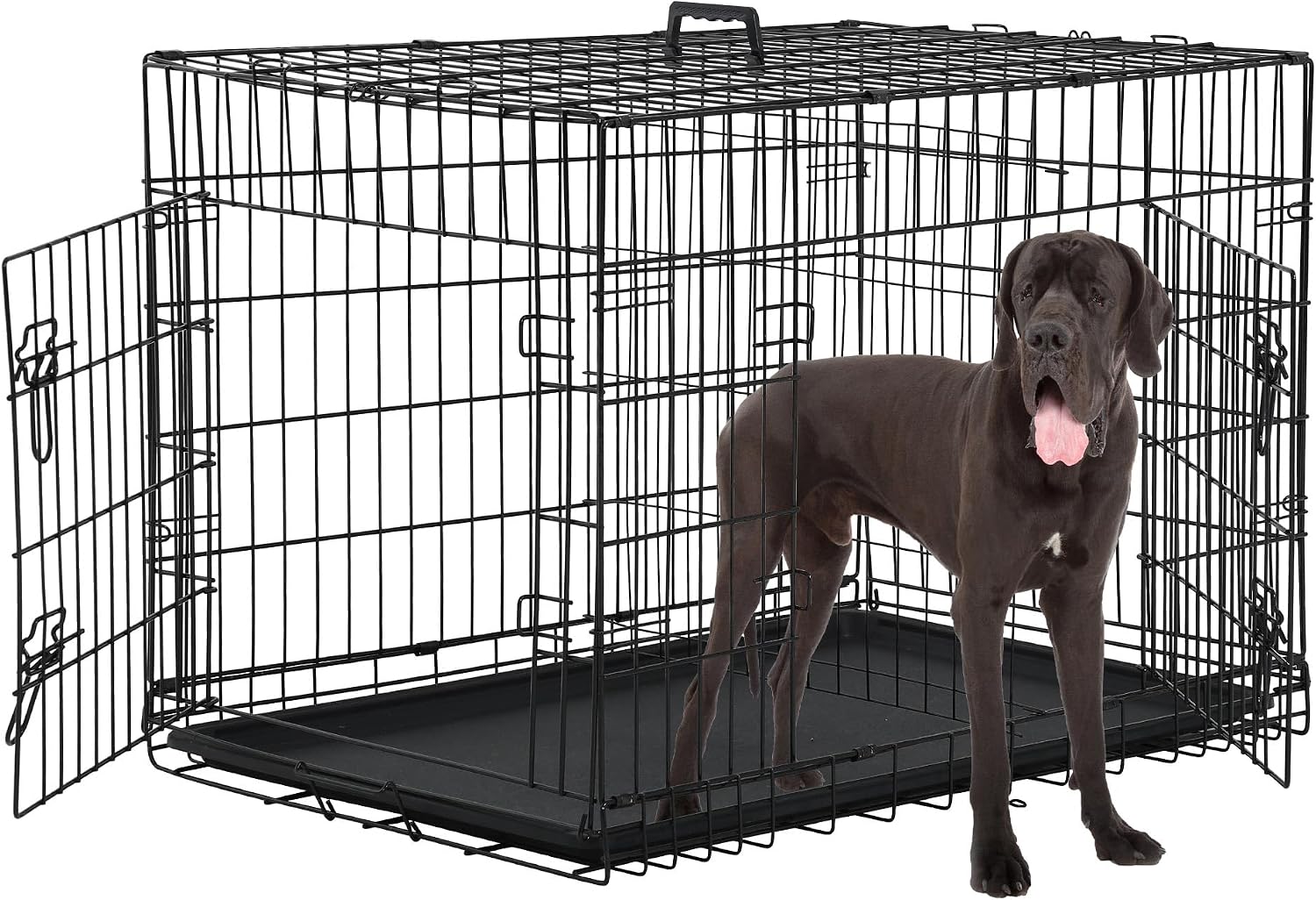 48 Inch Extra Large Dog Crates for Medium Dogs Double-Door Folding XXL Dog Crates for Large Dogs Indoor/Outdoor Dog Cages for Large Dogs Metal Wire Dog Kennel with Plastic Tray and Handle(Black)