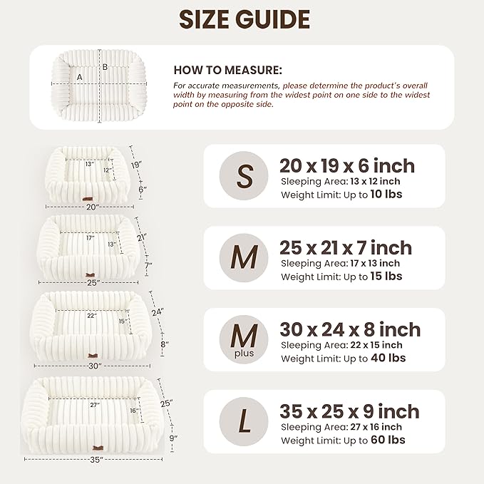 Washable Dog Bed for Small Medium Dogs - Rectangle Orthopedic Corduroy Fleece Pet Bed with Removable Cover and Nonskid Bottom, Calming Puppy Bed Soft Pet Sofa, Cream(20x19x6inchs)