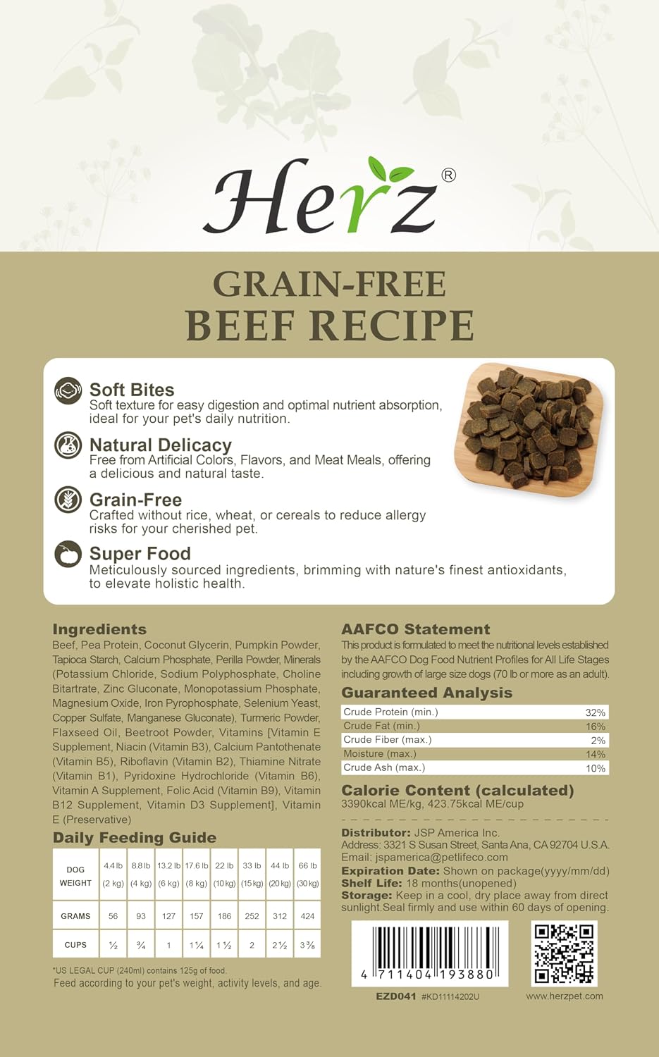 Herz Air-Dried Dog Food, High Protein, New Zealand Grass-Fed Beef, 2 lb