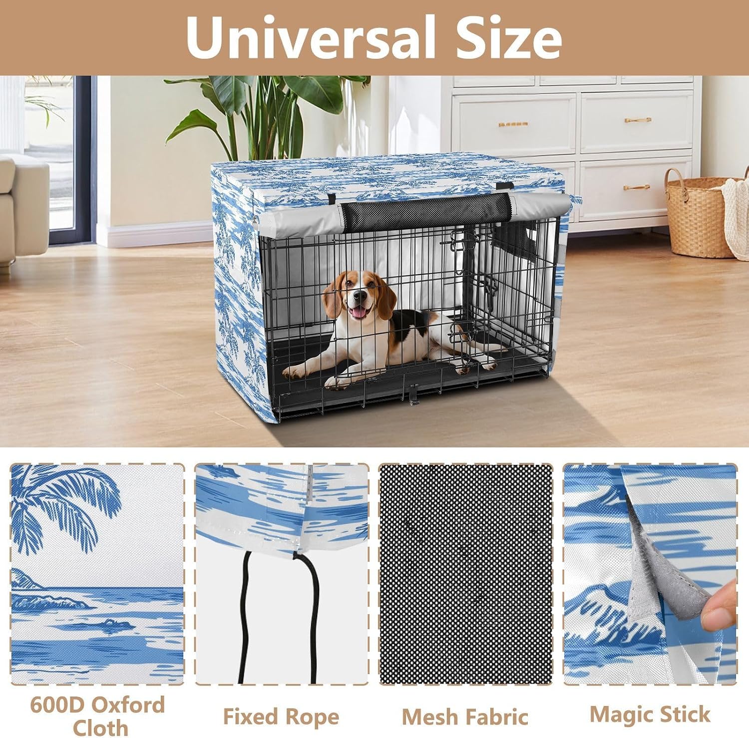 Blue and White Tropical Palm Crate Covers for Dogs Privacy Wire Cage Cover Dog Crate Curtains 48 Inch