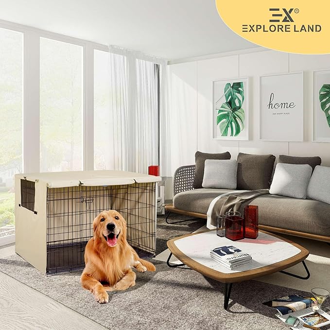 Explore Land 54 inches Dog Crate Cover Heavy Duty Polyester Pet Kennel Sunshade Universal Fit for Wire Cage (Light Tan)