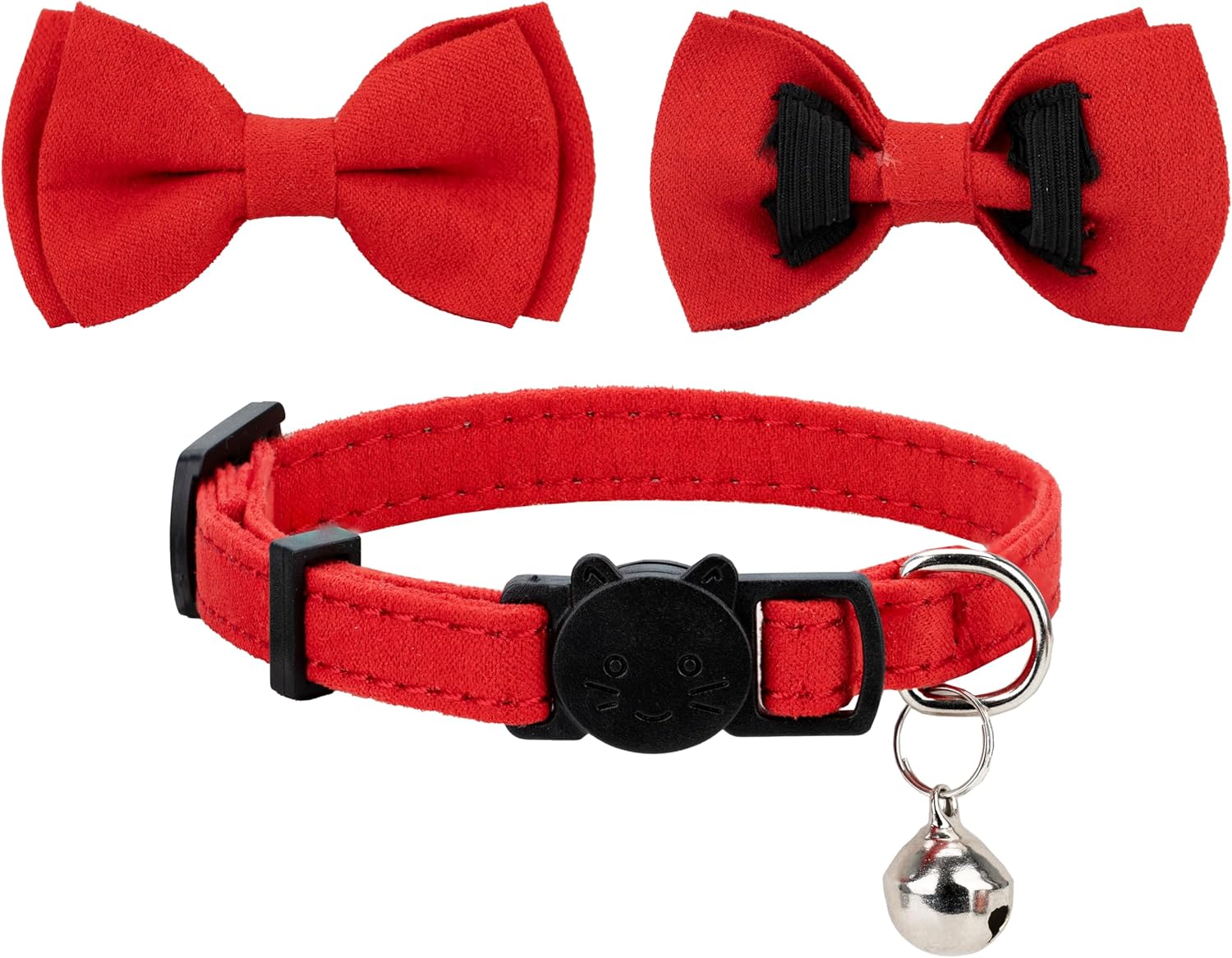 Cat Collar Breakaway Bowtie Safety with Bell Adjustbale Kitten Puppy Solid Plaid Color Set J-[2pcs] Red