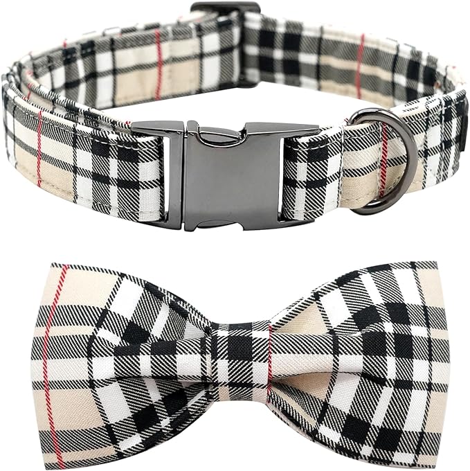 Dog Collar, Bow Dog Collar Plaid Pet Collar Dog Cute Pet Bow Soft Girl or Boy Dog Collars with Metal Buckle Adjustable Collar for Small Puppy