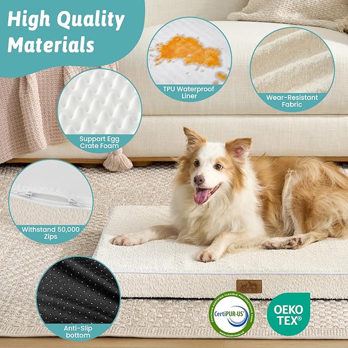 Dog Crate Bed for Medium Small Size Dogs, Rectangular Orthopedic Dog Beds, Foam Anti-Slip Bottom Pet Mat with Washable Removable Cover, Suitable for Pet Up to 40 lbs, 30x20x3 inch, Beige