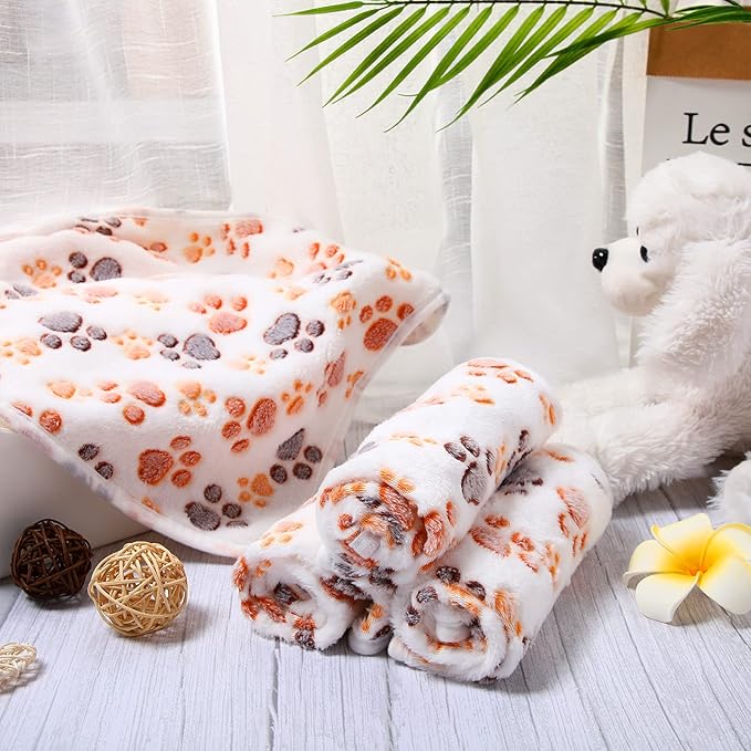 Tatuo 4 Pcs Dog Blanket for Pet Cat Blankets Indoor Puppy Teething Stuff Toys Paw Print Fleece Soft Blanket Sleep Mat for Guinea Pig Cage(White,Medium(30 x 20.5 Inch),Square)