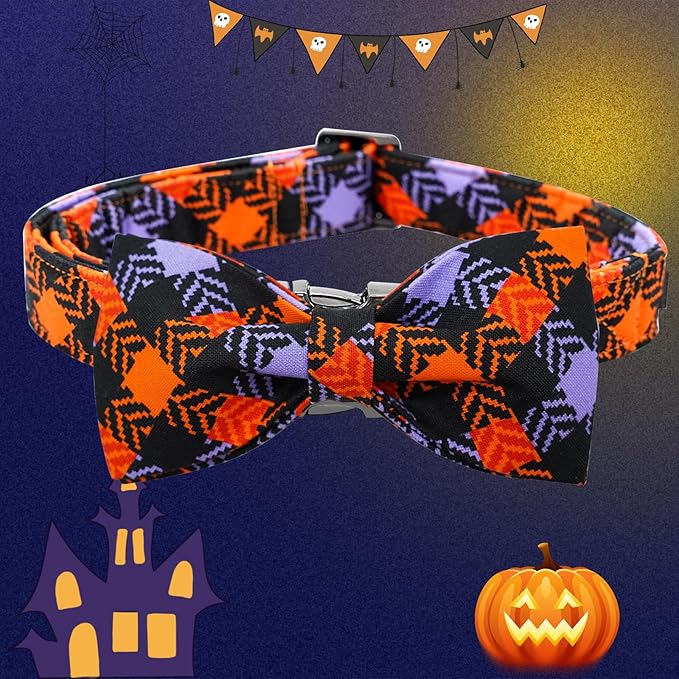 Halloween Dog Collar, Pet Collar Bow Plaid Collars Girl Boy Holiday Pet Collars Gift Bow Dog Collar Cute Soft Puppy Collar for Small Dogs