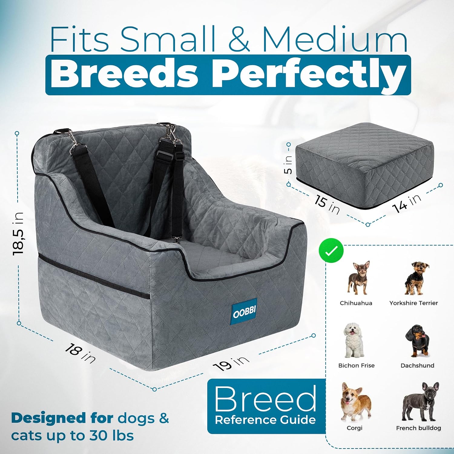 Small Dog Car Seat with Premium Memory Foam & Safety Straps – Cozy Dog Bed for Car for Daily Travel & Road Trips for Medium Sized Dogs - Washable Design with Anti-Slip Base