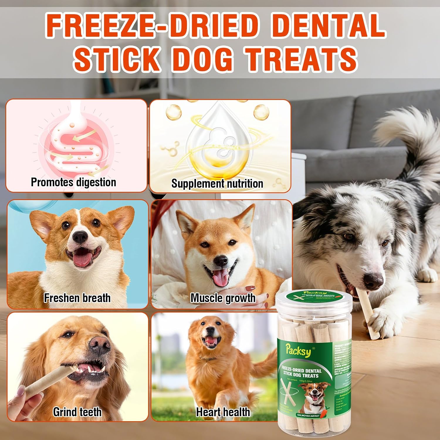 100g/3.52oz Dehydrated Salmon&Carrot Dog Sticks,Natural Freeze-Dried Salmon Sticks for Dogs,High Protein,Grain-Free,Gluten-Free,Healthy Snack for All Breeds&Sizes