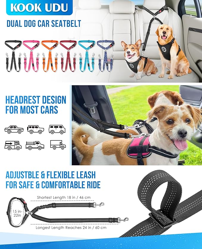 Dog Seat Belt for Car, Dual Pet Vehicle Headrest Restraint Safety Seatbelt,Two Dog Leash No Tangle Dog Car Leash Seat Belt,Duty Adjust Elastic Connect Harness in Vehicle Travel(Pink)