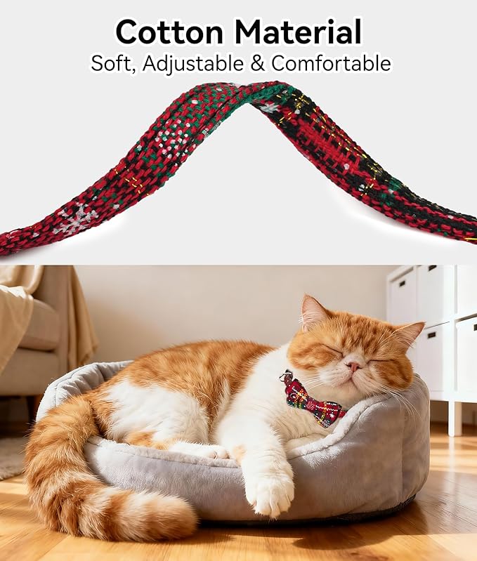 Joytale Upgraded Christmas Cat Collar with Bells, Breakaway Cat Collars with Bow Tie, 1 Pack Girl Boy Safety Plaid Kitten Collars, Christmas Red
