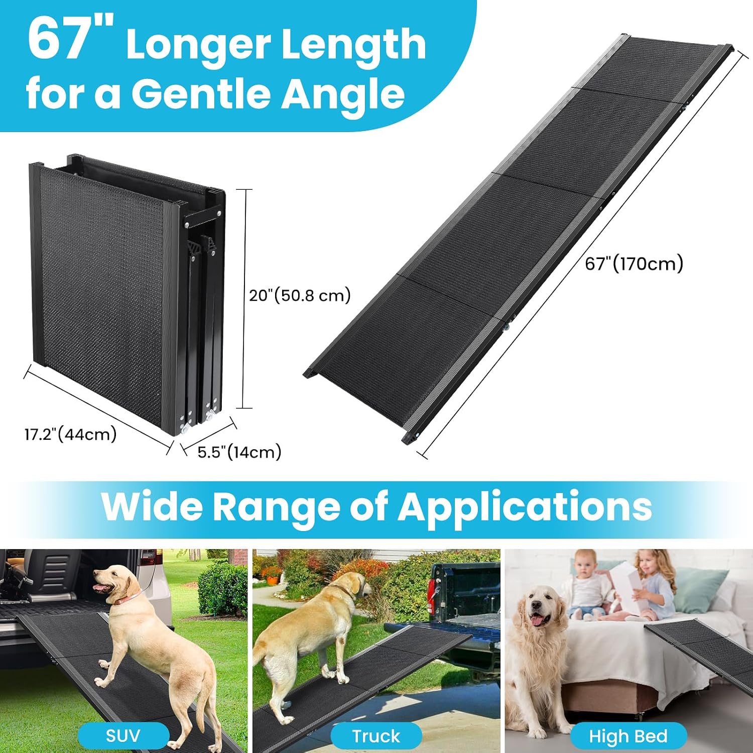 67''L x 17''W Dog Ramp for Car, Folding Portable Pet Stair Ramp with Non-Slip Rug Surface, Extra Wide Dog Steps for Medium & Large Dogs Up to 250LBS Enter a Car, SUV & Truck