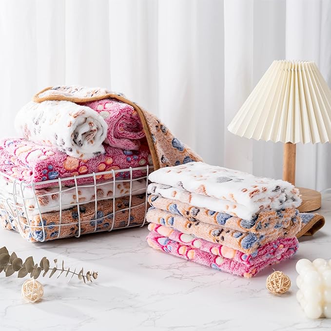 1 Pack 3 Blankets Super Soft Fluffy Premium Fleece Pet Blanket Flannel Paw Printed Throw for Dog Puppy Cat (Small 23x16'', Pink, Yellow, Blue)