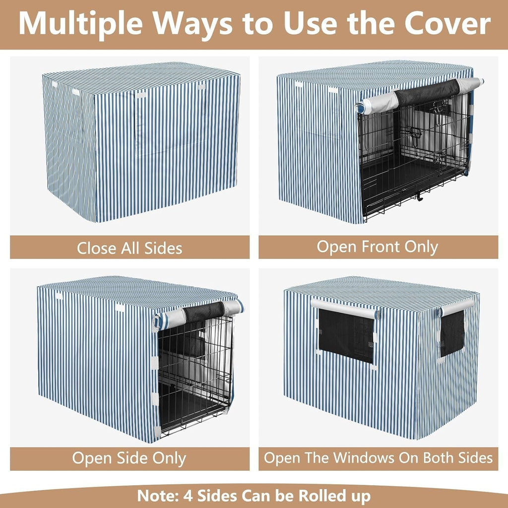 Blue White Stripes Dog Crate Cover 600D Oxford Heavy Duty Kennel Cover Mesh Window Soundproof Waterproof Sunshade Universal Fit for 42 inches Wire Cage
