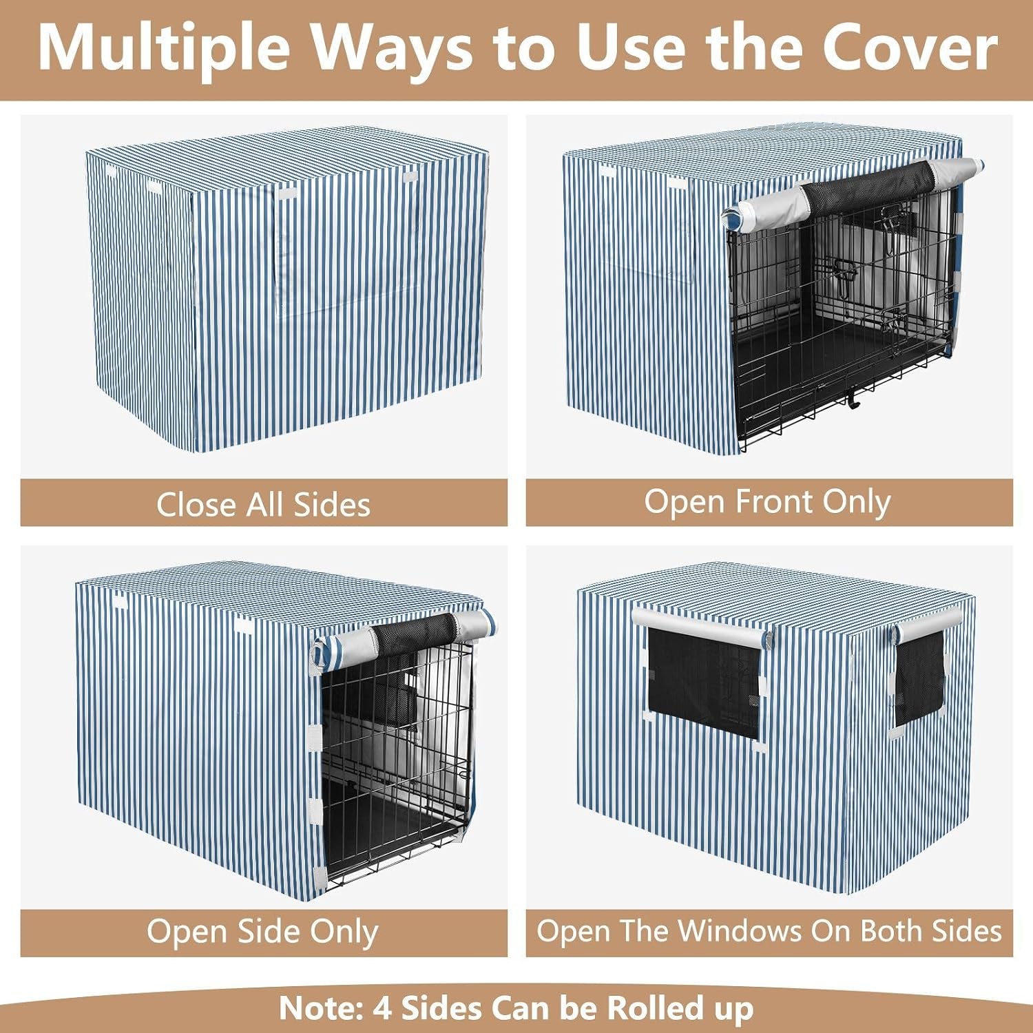 Blue White Stripes Dog Crate Cover 600D Oxford Heavy Duty Kennel Cover Mesh Window Soundproof Waterproof Sunshade Universal Fit for 42 inches Wire Cage