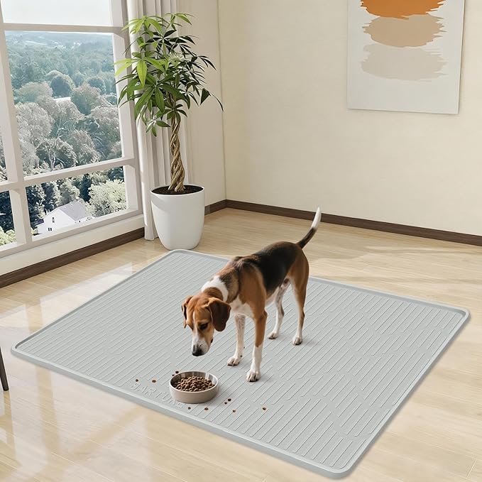 Silicone Cat & Dog Food Mat, 24" x 24" Large Pet Feeding Mat for Cats and Dogs Bowl, Pet Placemat for Food and Water with Raised Edge, Waterproof, Leakproof (Grey)