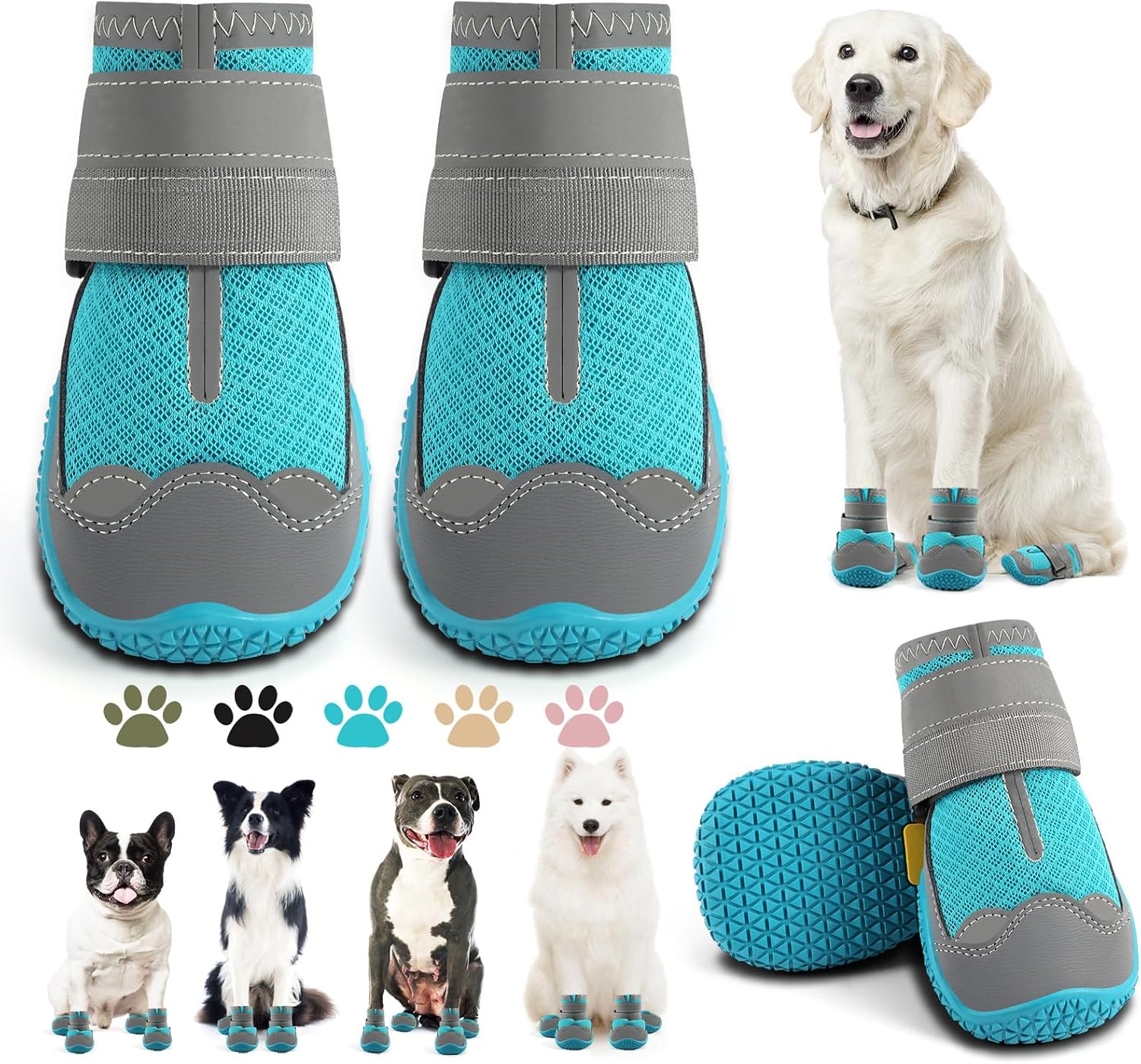 Dog Boots for Large Dogs, Medium Dog Boots & Paw Protectors for Hardwood Floors, Outdoor Dog Booties for Hot Pavement Winter Snow Hiking, Dog Shoes with Reflective Strips