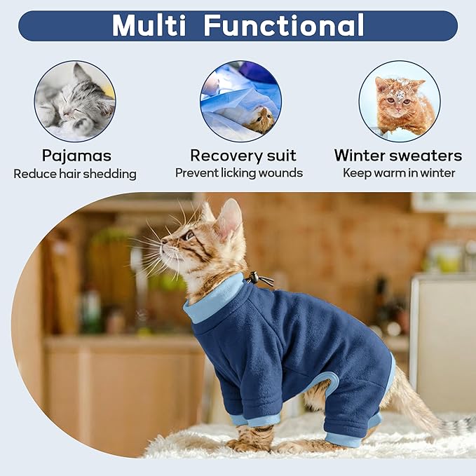 PUMYPOREITY Cat Hair Sticky Sweater, Recovery Suit - Breathable & Lightweight for Post-Surgery Protection, Cat Onsie Prevents Licking Wounds, Blue, XL